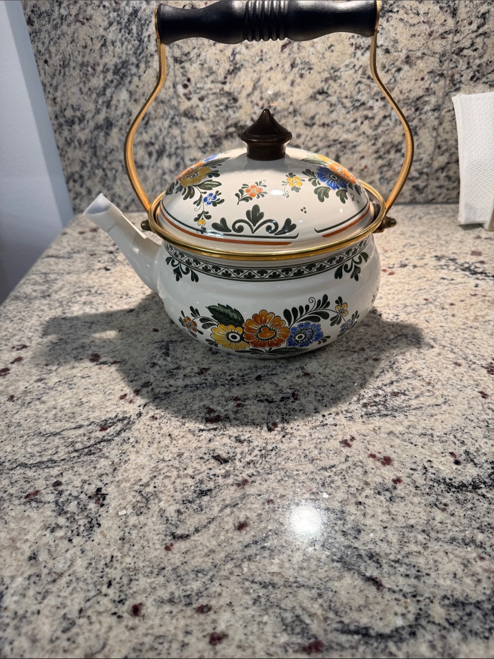 Floral Ceramic Teapot with Gold Accent - White with Green, Orange & Blue